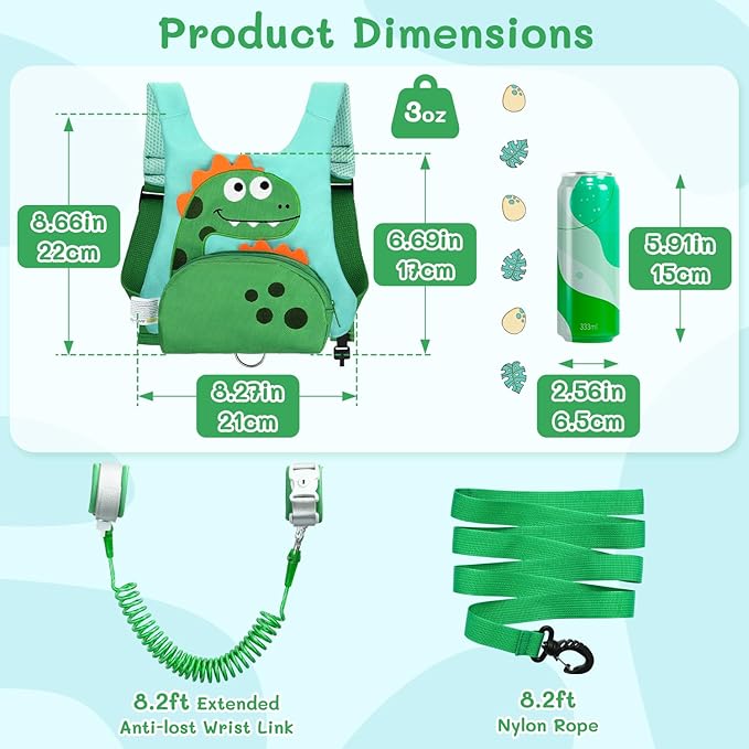 Dr.meter 3 in 1 Toddler Harness Leash + 8.2ft Anti Lost Wrist Link, Cute Dinosaur Kids Safety Harness Tether with Key Lock, Child Protective Leashes While Walking for Outdoor Activity Keep Kids Close