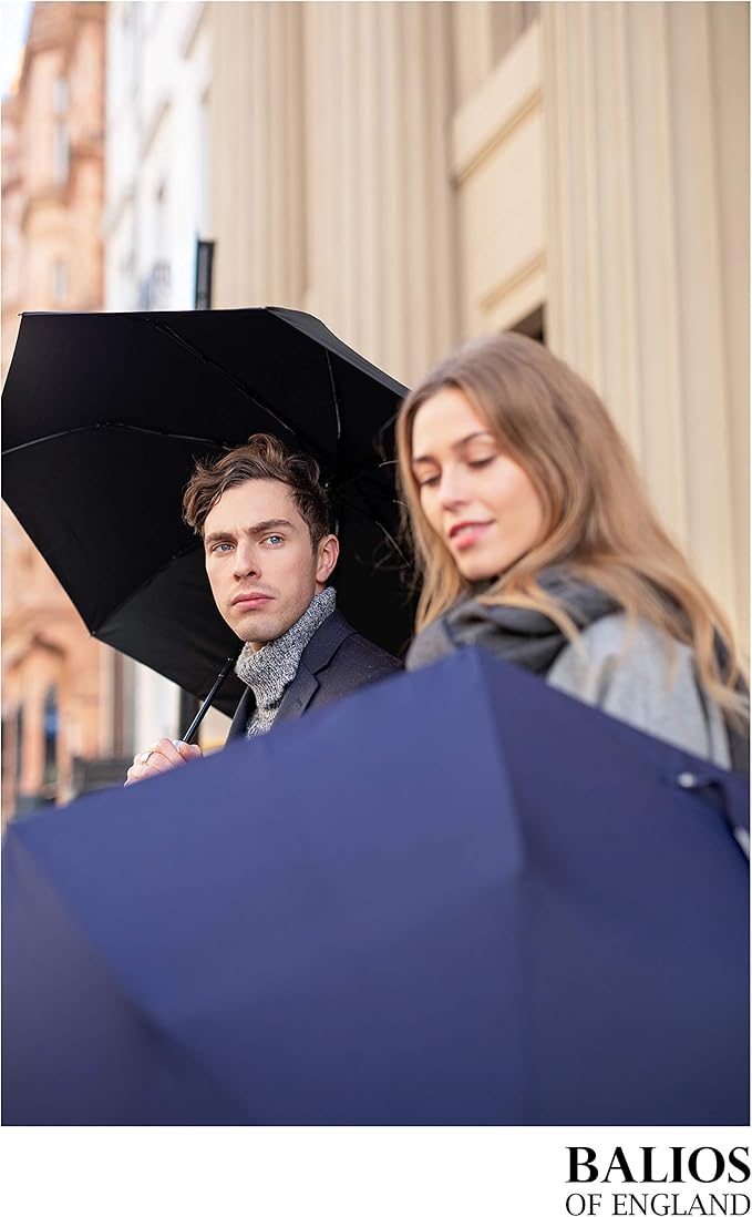 Balios (Designed in UK) Travel Umbrella Luxurious Golden Hardwood Handle Auto Open & Close Windproof Frame Single Canopy Automatic Folding Umbrella Men's & Ladies