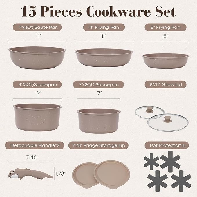 15Pcs Pots and Pans Set Non Stick, Cookware Sets with Detachable Handle, Nonstick RV Kitchen Cooking Tools Removable Handles, Oven Safe, Induction Fast, Stackable Induction Cookware, Brown