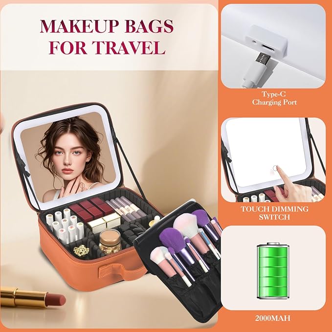 Travel Makeup Bag With LED Mirror,Makeup Travel Train Case with 3 Color Setting,Cosmetic Makeup Organizer Bag with Adjustable Dividers,Portable Make up Bag with Makeup Brush Holder Storage（Caramel）