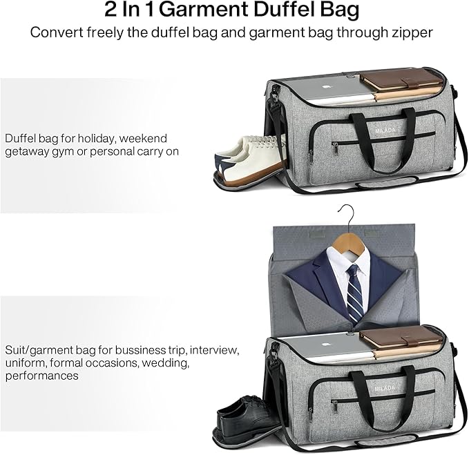 MILADA Convertible 2-in-1 Garment Duffel Weekender Bag Carry On Garment Bags for Travel Hanging Clothes Suit Bag Foldable Personal Item Business Overnight Bag with Shoe Compartment, Light Grey