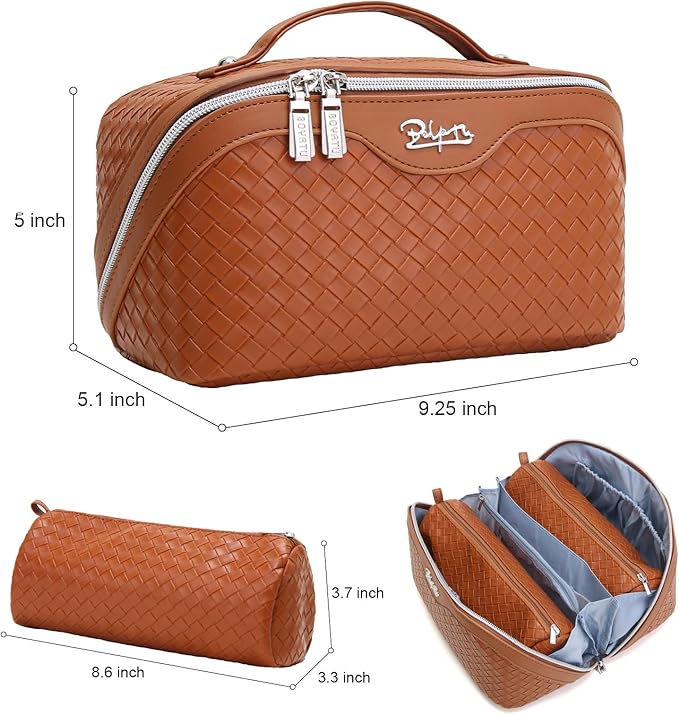 BOYATU Travel Makeup Bags for Women: 3 Pcs Large Make up Bags Set - Vegan Leather Cosmetic Bag for Traveling - Waterproof Toiletry Organizer Wide Open Portable Pouch (L08 Brown)