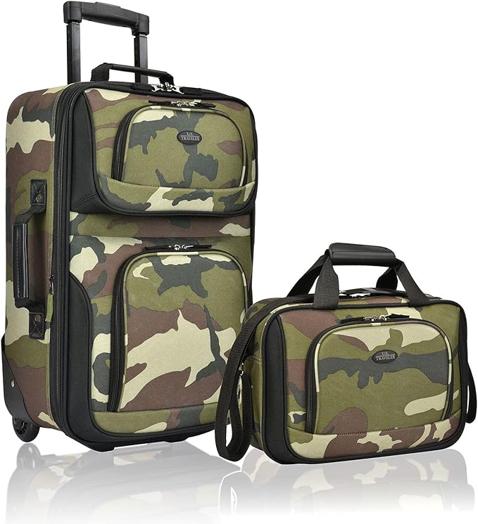 U.S. Traveler Rio Rugged Fabric Expandable Carry-on Luggage, Rolling Suitcase, Camouflage, 2 Wheel Set