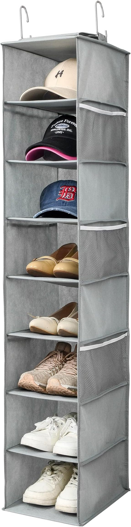 Hanging Shoe Organizer for Closet with Side Mesh Pockets，Hat Racks for Baseball Caps，Shoe and Hat Holder & Storage，8-Shelf，Gray，1 Pack