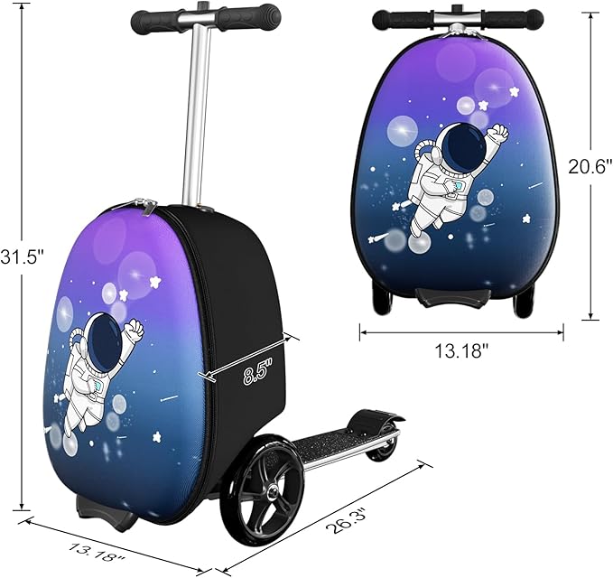 2-in-1 Ride-On Scooter Suitcase, Scooter Luggage for Kids Ages 5-12, Foldable & Lightweight Carry with LED Light-Up Wheels