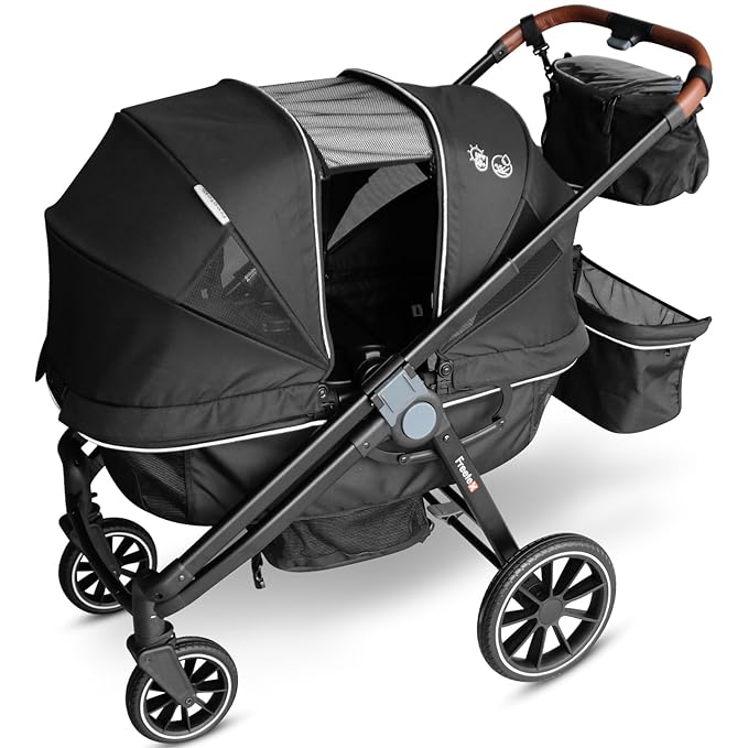 Tandem Wagon Stroller–All-Terrain 2-in-1 Push&Pull Design, Double Seat, Large Storage, Adjustable Canopy, Removable Child Tray for Kids Outdoor Adventures&Family Outings