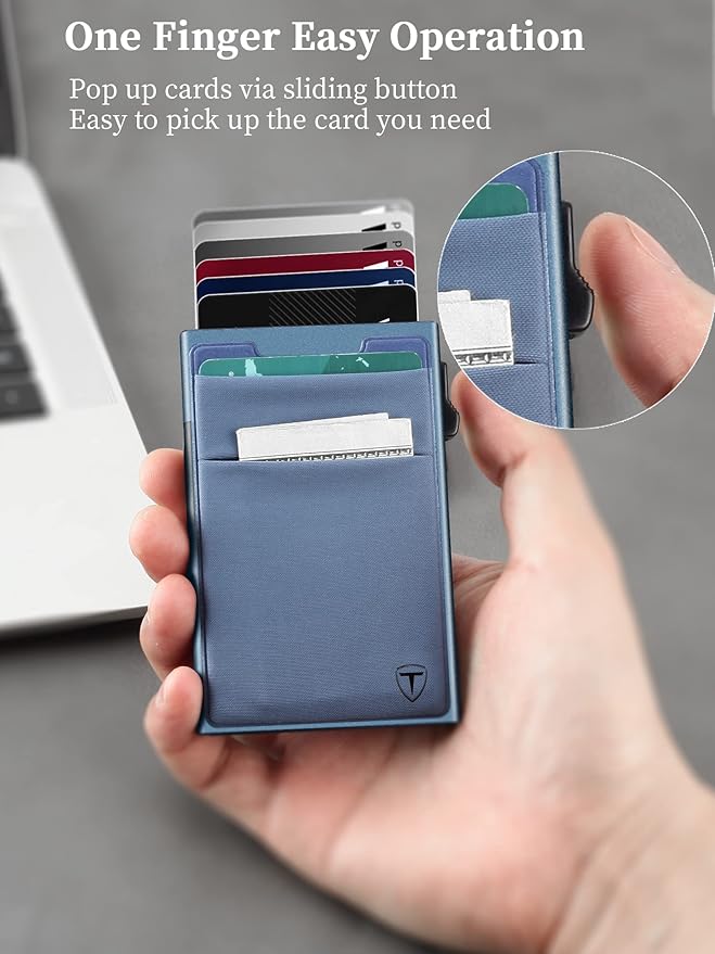 Slim Wallet for Men and Women,Pop Up Credit Card Wallet Metal Minimalist Cards Holder with Money Pocket,Small Ultralight Aluminum RFID Blocking Wallets 6-12 Card Capacity,Navy Blue