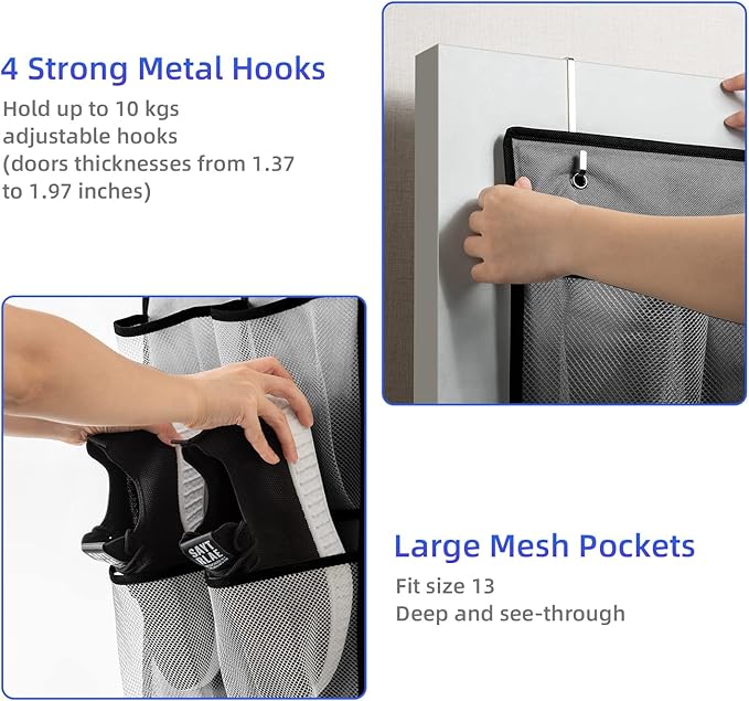 KEEPJOY Over the Door Shoe Organizer, Hanging Shoe Organizer with 4 Hooks,Door Shoe Holder with 14 Mesh Deep Pockets Closet Door Shoe Storage Bag (Grey-2Pack)