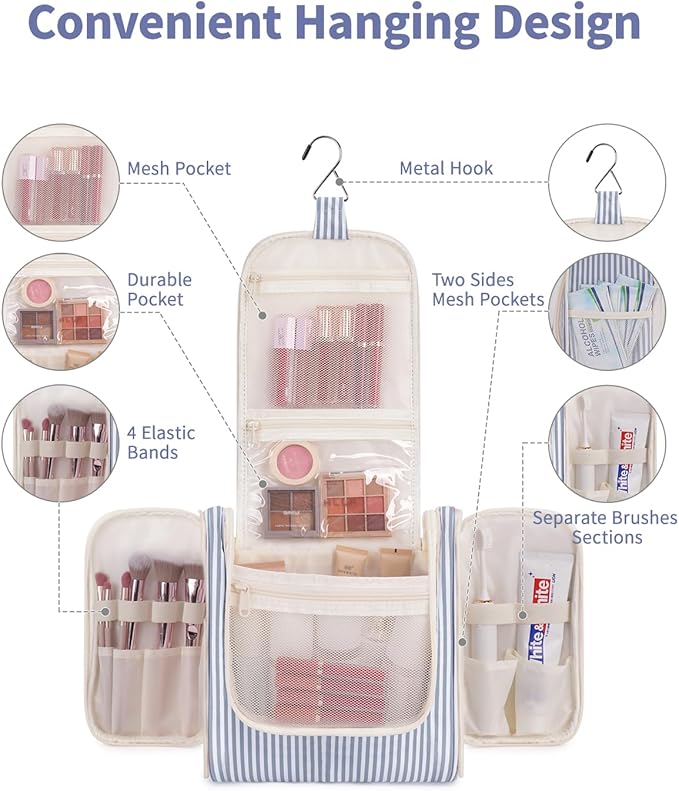 Narwey Striped Hanging Travel Toiletry Bag for Women, Travel Bag for Toiletries, Makeup Bag Organizer Cosmetic Bags Make Up Bags for Women (Greyish Blue Stripe)