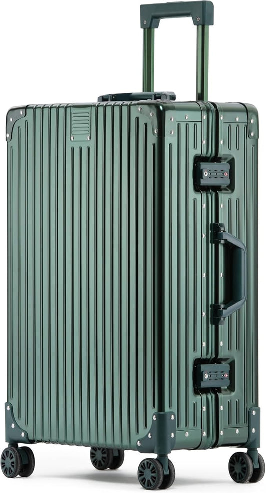 Metal All Aluminum Carry-on Luggage TSA Customs Lock Zipperless Silent Rotary Wheel Business Suitcase Aluminum Frame Set (dark green, 28 '')