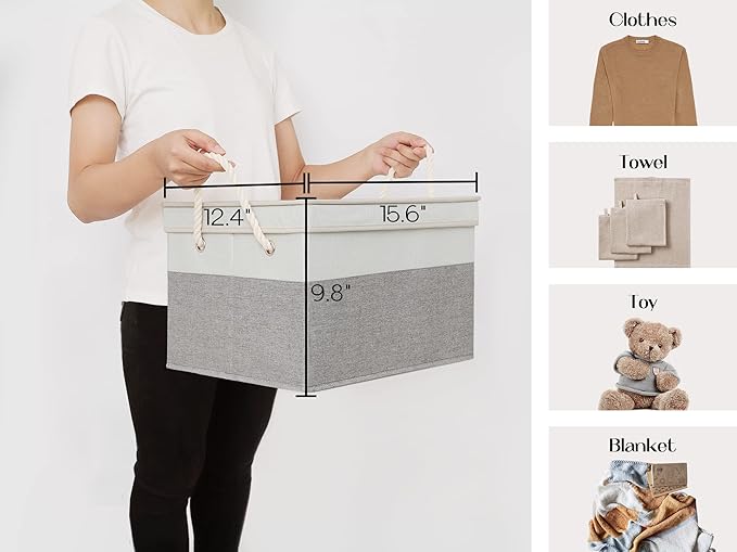 LoforHoney Home Fabric Storage Bins with Lids for Organizing, Foldable Closet Storage Boxes for Shelves, Clothes Baskets with Cotton Rope Handles, XLarge, Beige & Gray, 2-Pack
