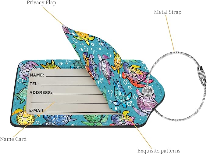 2 Pcs Luggage Tags for Suitcase, Cute Unique PU Leather Travel Bag Tag with Privacy Cover ID Label Address Card and Durable Metal Ring Suitable for Men Women Children Backpack,Gradient Color Turtle