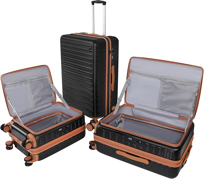 3-Piece 20/24 Top Opening Hardshell Lightweight Luggage and 28-Inch Clamshell Opening Suitcase with Spinner Wheels & TSA Locks, Black Brown, 20in/24in/28in