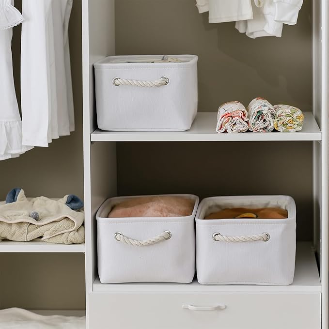 TheWarmHome Decorative Basket for Organizing - Medium-1Pack 13.8L*9.8W*6.7H Rectangular Fabric Storage Bin Organizer Basket with Handles for Clothes (White)
