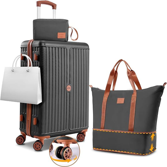Hoteel 3 Piece Luggage Set with Spinner Wheels (4-YEAR WARRANTY), Carry on Luggage for Travel with TSA Lock, Hardshell ABS+PC Suitcase Set, 20" Suitcase + Expandable Duffel Bag + Cosmetic Bag(Black)