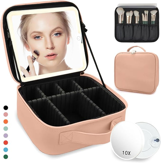 Travel Makeup Bag for Makeup Artists Large Makeup Case,with Mirror 3 Color Setting and Detachable 10x Magnifying Mirror Travel Makeup Bag,Portable Storage and Adjustable Dividers（khaki）