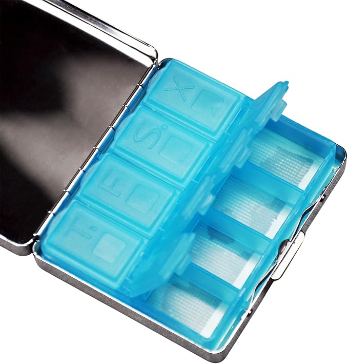 Cute and Portable Metal Pill Organizer – 8 Compartments, Elegant Chrome Finish, Ideal for Travel and Daily Use (Black Panther Art)