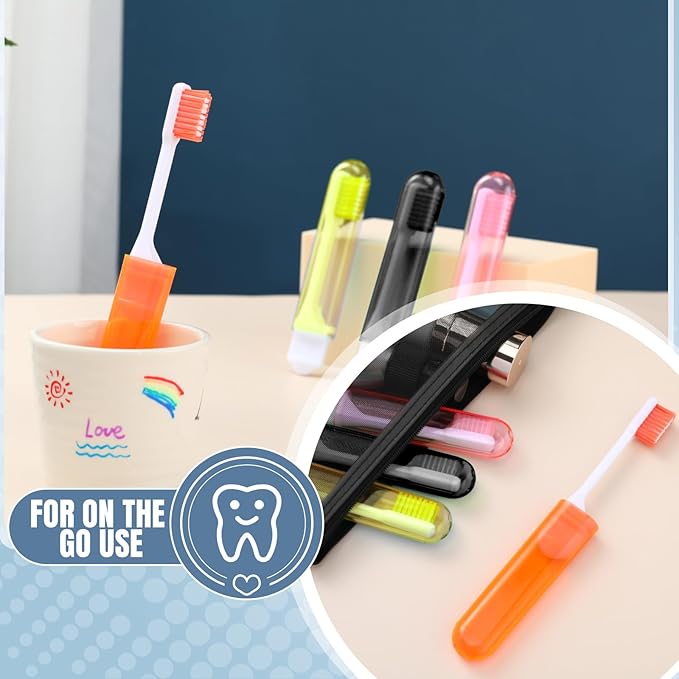 Patelai 4 Pieces Travel Toothbrush Set, Soft Bristle Mini Foldable Tooth Brush with Case, Individually Wrapped Small Portable Travel Size Toiletries Stuff for Camping (Honey Color)