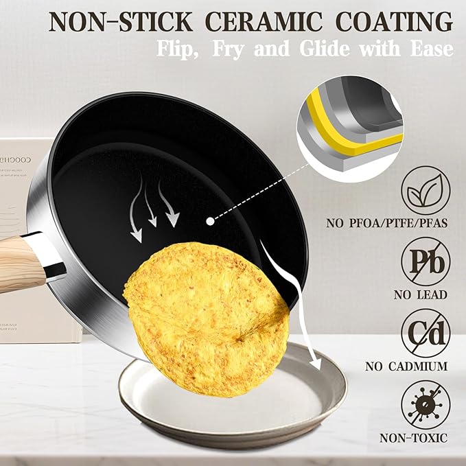 13-Piece Stainless Steel Cookware Set with Nonstick Frying Pans, Sauce Pots & Stock Pot, Heavy Duty Pots and Pans Set, Wooden Handles & Triple Layer Bottom, Induction Cookware, Easy to Clean