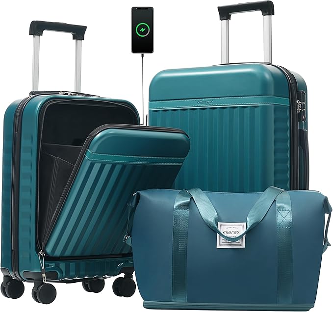 Merax Luggage Sets Front Opening, 2 Piece Hardshell Suitcase with Spinner Wheels and Bags,Lightweight Carry on Luggage with USB Port,20+24,Dark Green