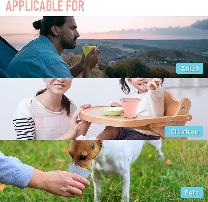 JBER Silicone Collapsible Travel Cup, 4 Pack Silicone Folding Camping Cup with Lids Expandable Drinking Cup for Outdoor Hiking Travel (Olive & Pink & Green & Blue)