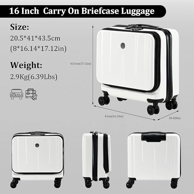 16 Inch Carry On Luggage with 2 Compartments for 14” & 15” Laptop, 16.14*8*17.12” Rolling Briefcase, Lightweight Hardshell ABS+PC Suitcase with Spinner Silent Wheels, for Business Trip, Milky White