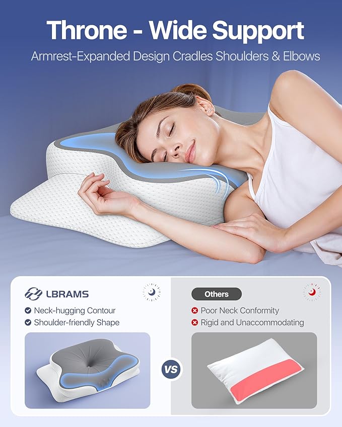 Cervical Pillow for Neck Pain Relief - Ergonomic Memory Foam Pillow with Cooling Case Orthopedic Support Side Sleeper Pillow for Pain Relief Support for Side Back Stomach Sleepers (Grey)