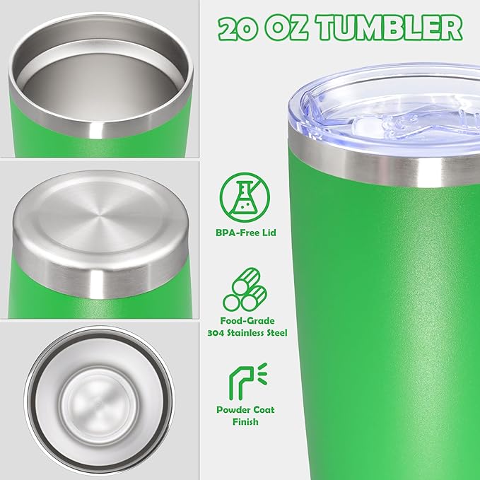 20oz Tumbler Bulk Stainless Steel Tumbler Cup with Lid Vacuum Insulated Double Wall Travel Mug, Durable Powder Coated Travel Coffee Tumbler Mug for Hot & Cold Drinks, Green,12 Pack