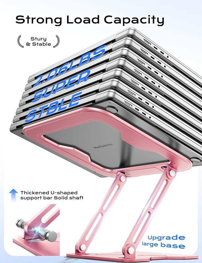 Adjustable Laptop Stand for Desk, Metal Foldable Laptop Riser, Portable Laptop Holder Mount, Ventilated Cooling Computer Notebook Stand for MacBook Air Pro, All 10-16'' Notebooks Laptops, Pink