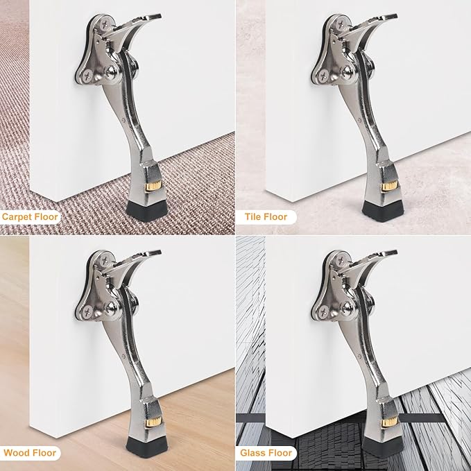 2 Packs Heavy Duty Kickdown Door Stopper, One Touch Adjustable Kickdown Door Stop for Heavy Doors, 4 in Metal Door Kickstand with Rubber Tip & Wall Protectors for Wide Doors