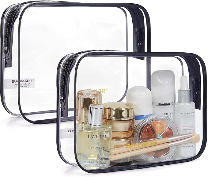 BAGSMART Clear Toiletry Bag, 2 Packs TSA Approved Water resistant Quart Size Travel Organizer, Airport Airline Travel Essential Carry On Makeup Cosmetic Bags for Women, Black