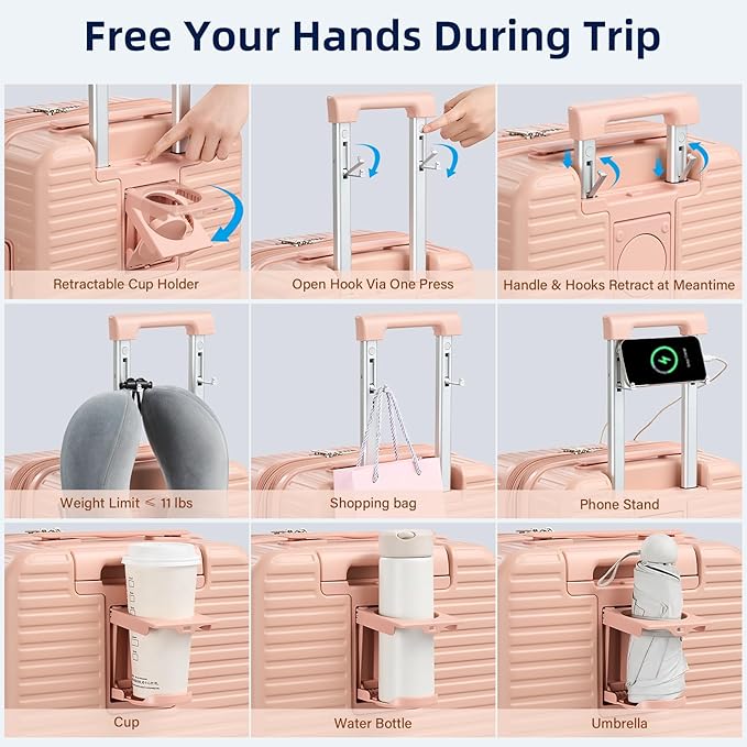Hard Shell Suitcases Expandable Travel Luggage Sets 2 Piece, Carry on and Check in Luggage Lightweight Suitcase Set 2 Piece with Wheels Cup Holder Charger Built in (Pink, 20/28)