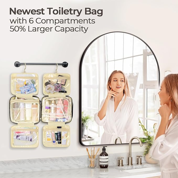 Hanging Travel Toiletry Bag for Women Detachable Toiletry Bag with 6 Compartments Large Makeup Bag Cosmetic Organizer for Bathroom Shower Business Trips Camping，Black