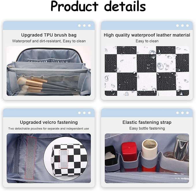 BOYATU Travel Makeup Bag Cosmetic Bags for Women: Large Make up Bags Set of 3 - Portable Makeup Organizer with Compartments&Handle&Divider - Waterproof PU Leather Toiletry Bag(Checkered Mix Black)