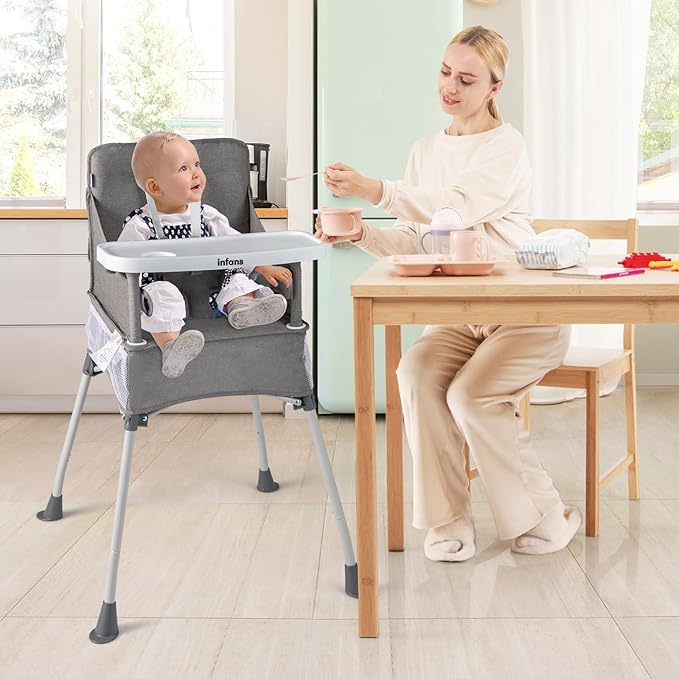 INFANS Baby High Chair, Foldable Portable Highchair for Babies and Toddlers with Travel Bag Adjustable Tray, 5 Point Harness, Compact Space Saver Infant Feeding Chair for Age 6-36 Months (Grey)