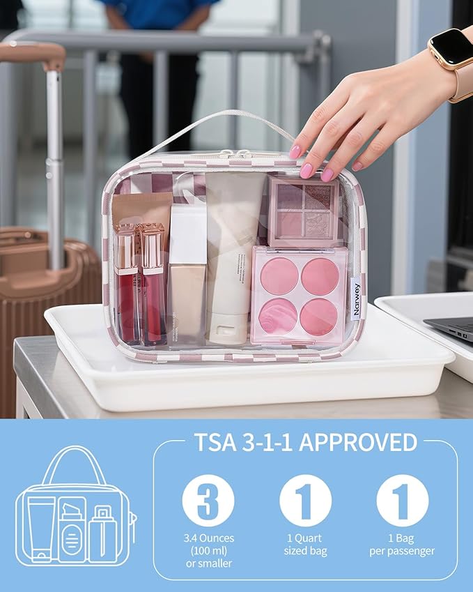 Narwey TSA Approved Clear Toiletry Bag for Travel, Waterproof PVC Clear Makeup Bags, Portable Compact Cosmetic Bag Make Up Organizer, Airport Airline Quart Size Compliant Bag (Dusty Pink Checkerboard)