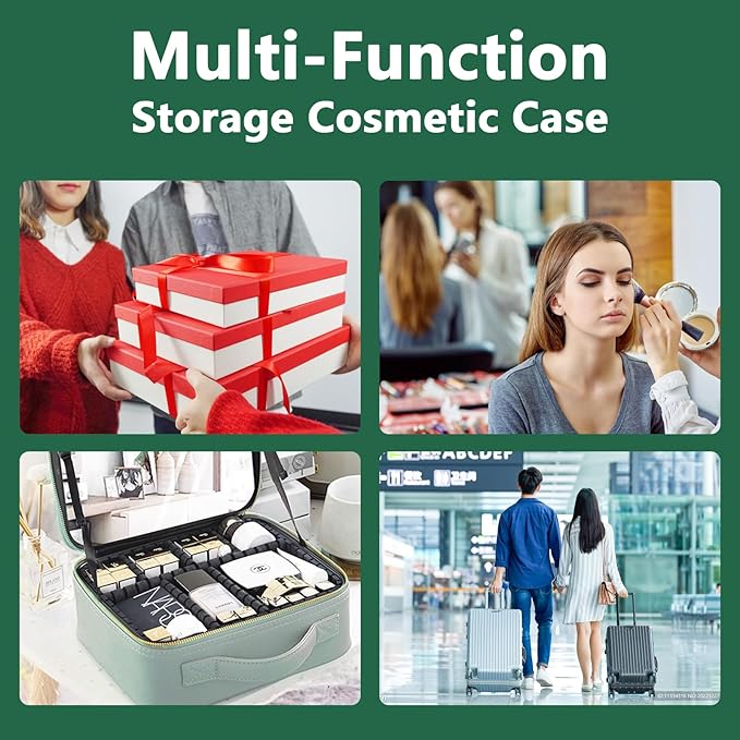 Travel Makeup Bag,with Mirror 3 Color Setting and Detachable 10x Magnifying Mirror Travel Makeup Bag,Portable Storage and Adjustable Dividers（Dark green）