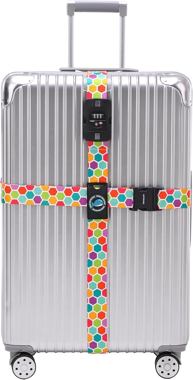 Travelkin Luggage Straps TSA Approved - Adjustable Cross Suitcase Straps with TSA Lock, Reinforced Buckle, Unique Pattern - Secure Heavy Duty Luggage Straps for Travel (Honeycomb)