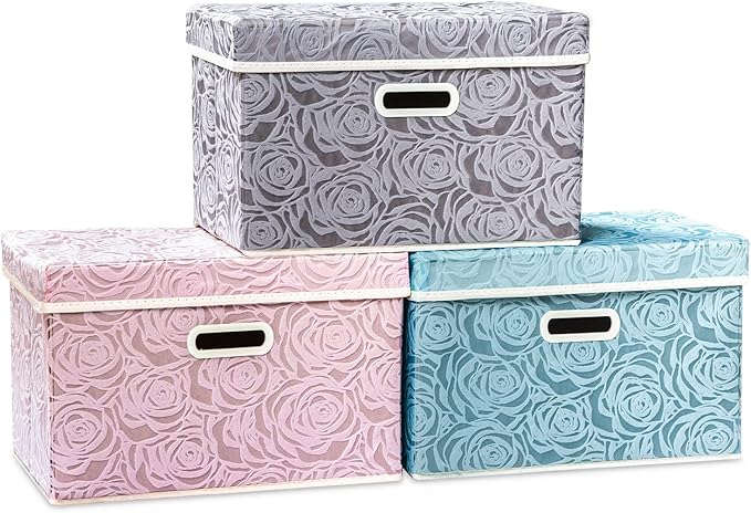 PRANDOM Larger Collapsible Storage Cubes with Lids Fabric Decorative Storage Bins Boxes Organizer Containers Baskets with Cover Handles for Bedroom Closet Living Room 17.7x11.8x11.8 Inch 3 Pack