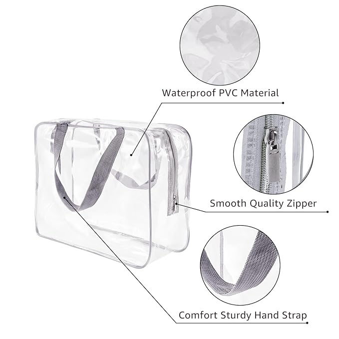 2Pcs Crystal Clear PVC Travel Toiletry Bag Kit for Women Men, Waterproof Vinyl Packing Organizer Storage Bags with Zipper Handle Straps, Cosmetic Pouch Carry on Airport Airline Compliant Bag Handbag