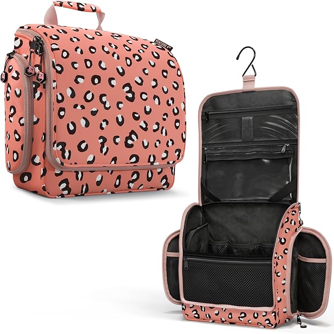 VENTURE 4TH Hanging Travel Toiletry Bag for Women & Men - Travel Organizer with Expandable Compartments & Removable Clear Pouch for Toiletries (Pink Cheetah)