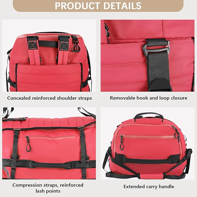 Vomgomfom 86L Collapsible Wheeled Luggage With Removable Backpack Straps,Waterproof Rolling Duffle Bag with Quilted Base,No Telescope Handle,Red
