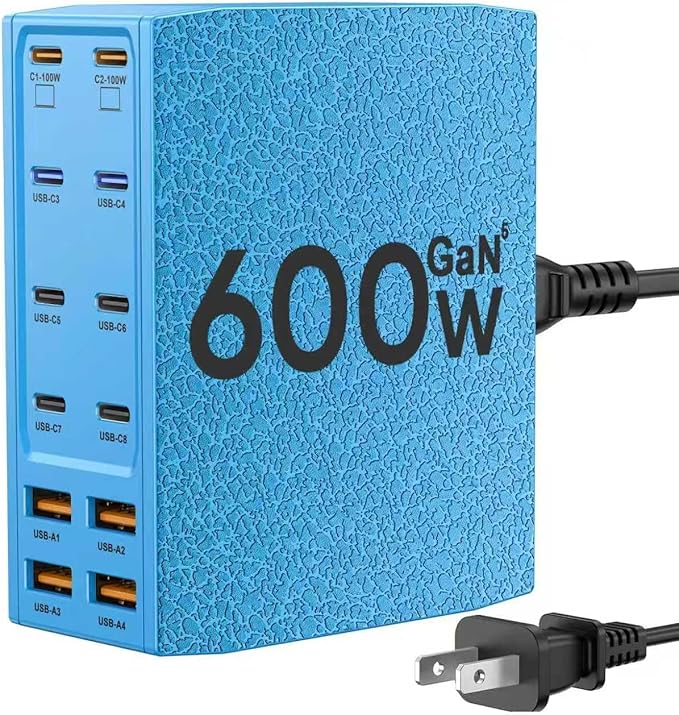 USB Charging Station (600W),12-Port USB C Charger Block with Dual 100W PD USB-C Fast Charging Station Hub for MacBook Pro/Air/All iPad Phone 17/16 15/14/13/Pro Max/Samsung Galaxy Note(Blue)