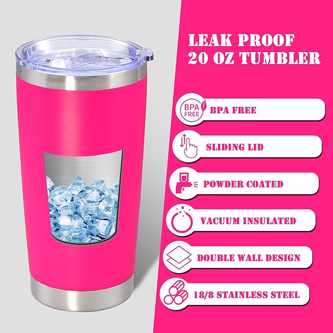 20 oz Tumbler with lid Double Wall Vacuum Insulated Tumblers Stainless Steel Coffee Mug Travel Coffee Tumbler Powder Coated Tumbler Cup Keep Hot&Cold - (Hot Pink 12 Pack)