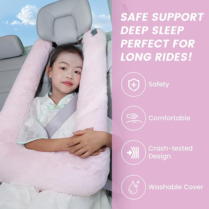 Car Pillow for Kids, Professional Inflatable Kids Car Pillow for Sleeping Carseat Travel - Safe, Reliable - Inflatable Travel Pillows for Kid Adult Car Seats Pink