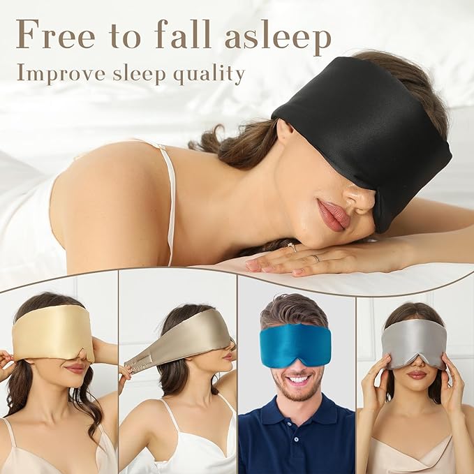 100% Mulberry Silk Sleep Mask Eye Mask for Women Man with Adjustable Band, for Side Sleeper Blackout Sleep Mask for Travel Rest and Office Large Size (Black)