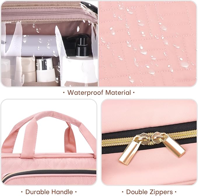 8L Travel Toiletry Bag with Jewelry Organizer for Women - 2.1 GAL Water-resistant Makeup Cosmetic Bag With Hanging Hook for Accessories Shampoo Full-size Container, Pink