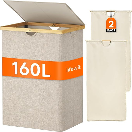 Lifewit 160L Double Laundry Hamper with Lid, Extra Large Bamboo Laundry Basket Dirty Clothes Hamper, 2 Section Laundry Bin Organizer for Laundry Room Bedroom with 2 Removable Liners & Bags, Beige