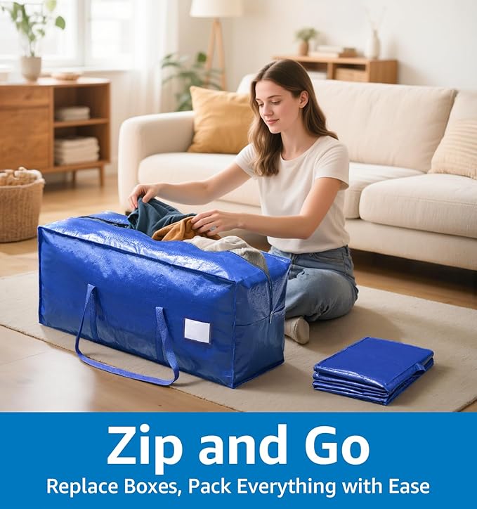 6 Pack Heavy Duty Moving Bags with Padded Wrap Around Handles-Strengthened Zipper Extra Large Storage Totes for Dorm College Clothes Blue
