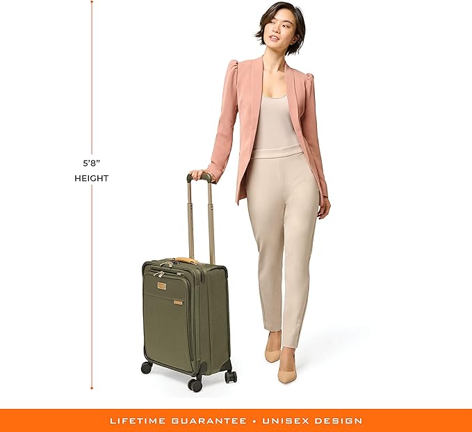 Briggs & Riley 21" Global Carry On Expandable Spinner - Luggage for International Travel, Suitcases with Wheels, Softside Rolling Bag for Men & Women, Self-Repairing Zipper- Baseline Collection, Olive